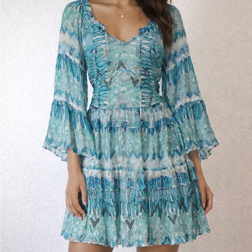Hale Bob Teal and White Chevron Dress Size large